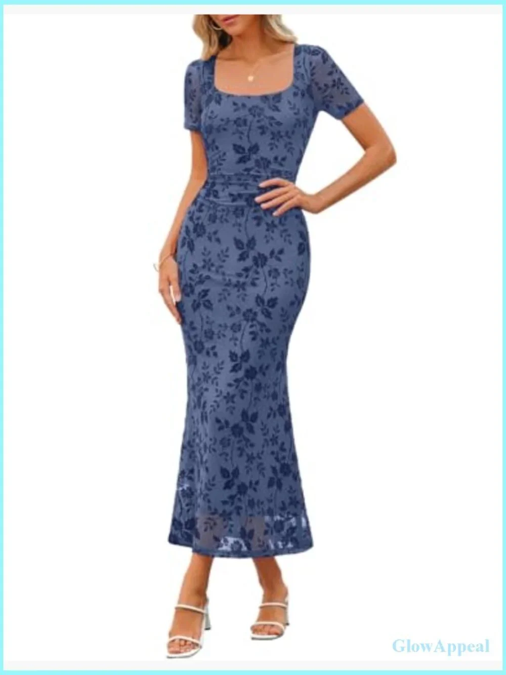 Women Square Neck Mermaid Maxi Dress Short Sleeve Floral Bodycon Formal - Picture 2 of 7